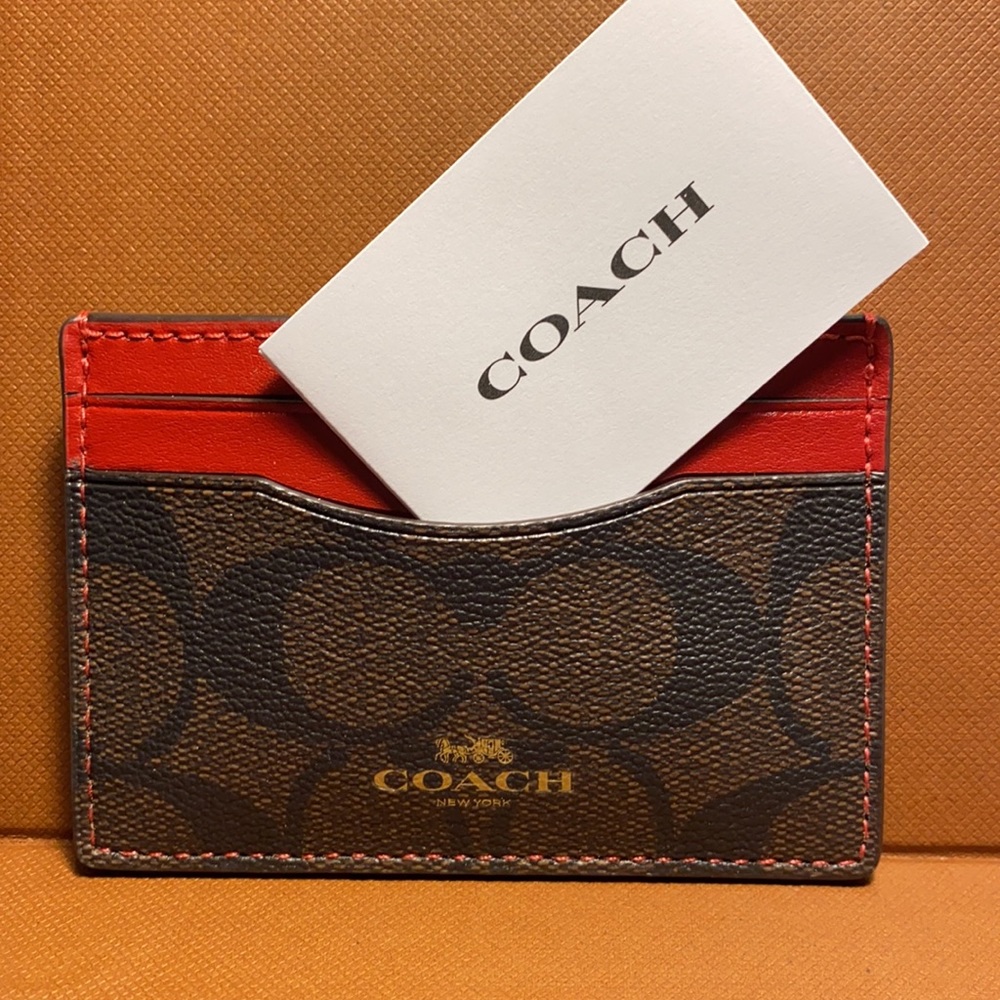 NIB COACH signature canvas card case brown/red
